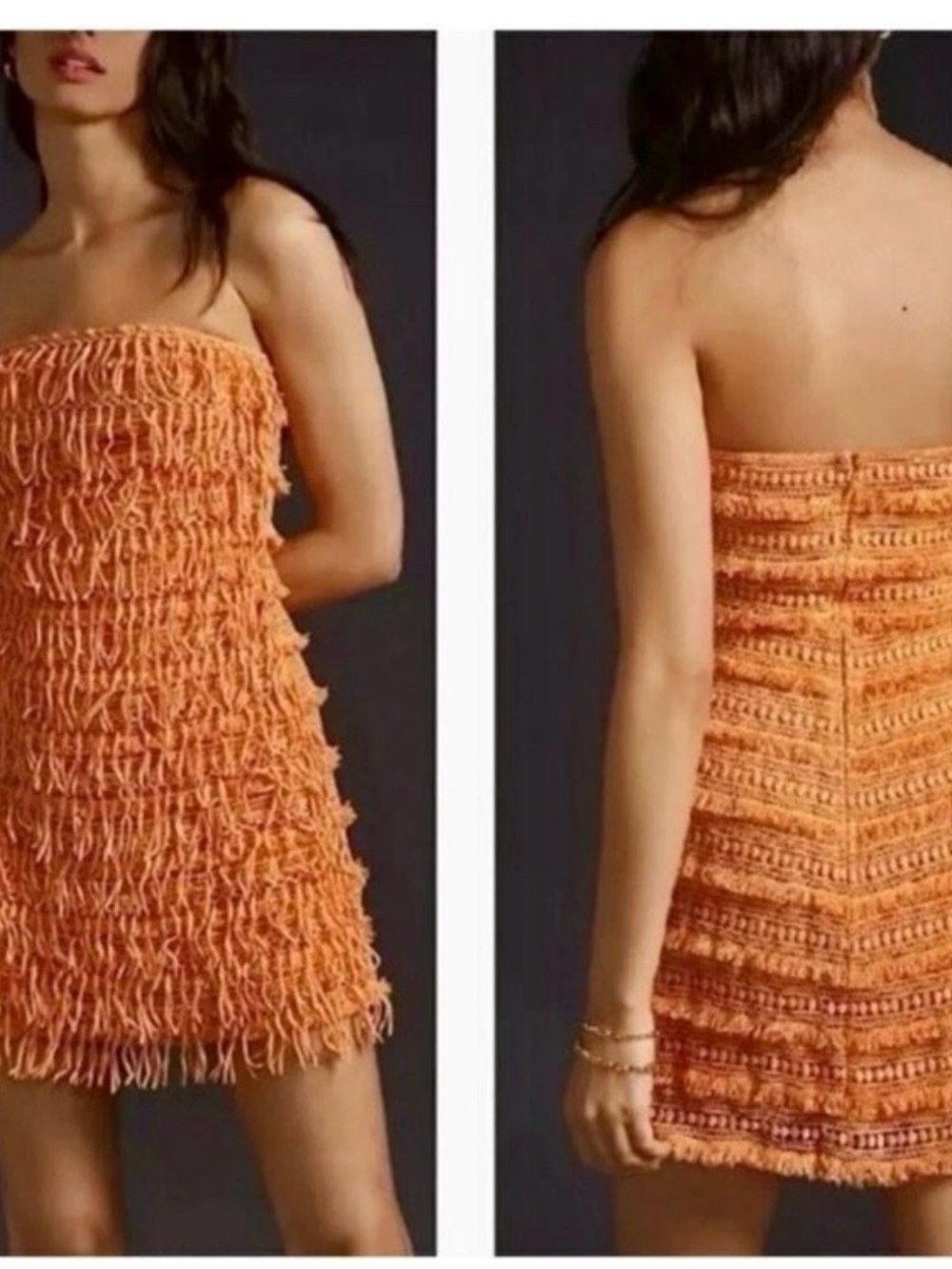 NWT Anthropologie Let Me Be Fringe Strapless Mini Dress Large Orange Textured